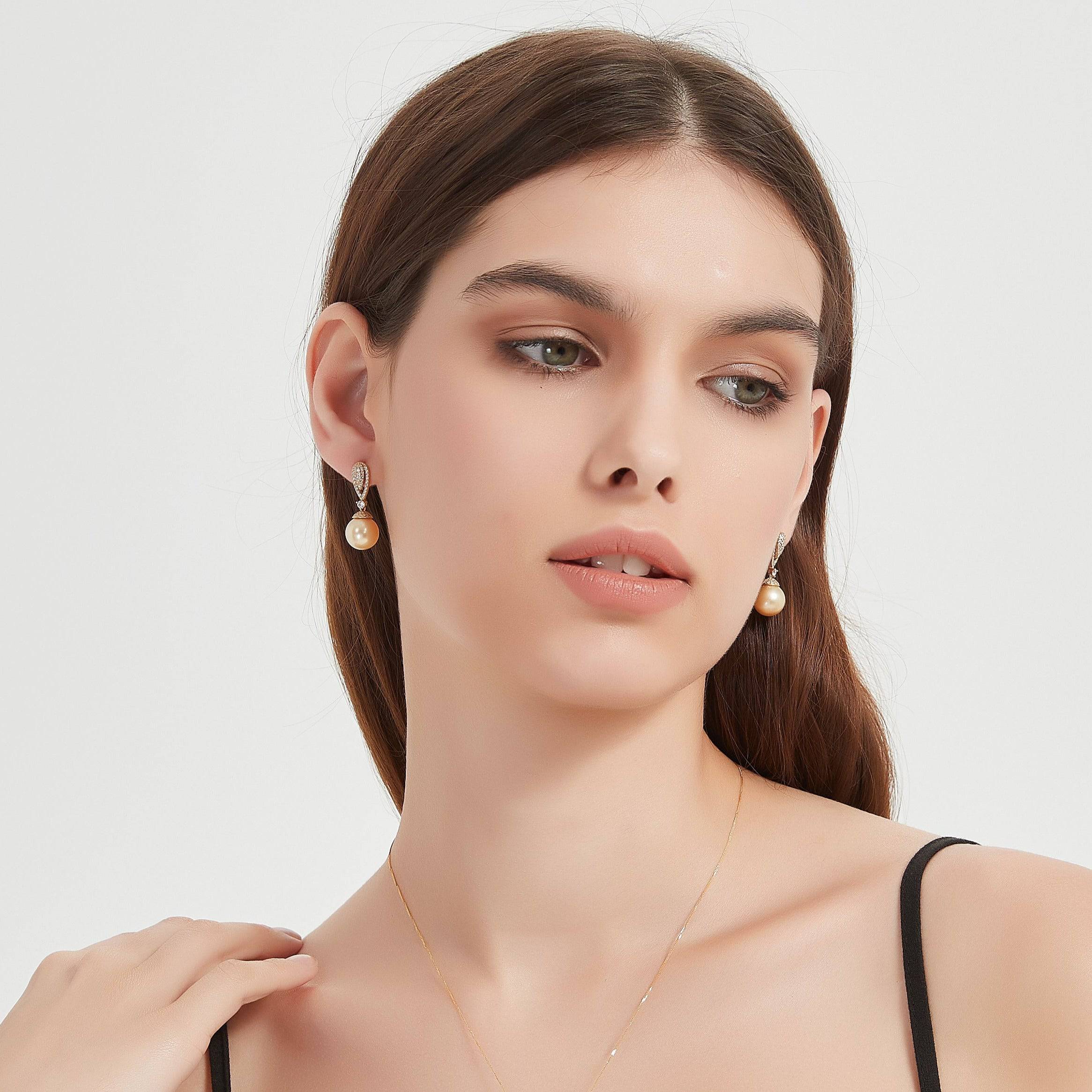 Golden South Sea Pearl & CZ Earrings