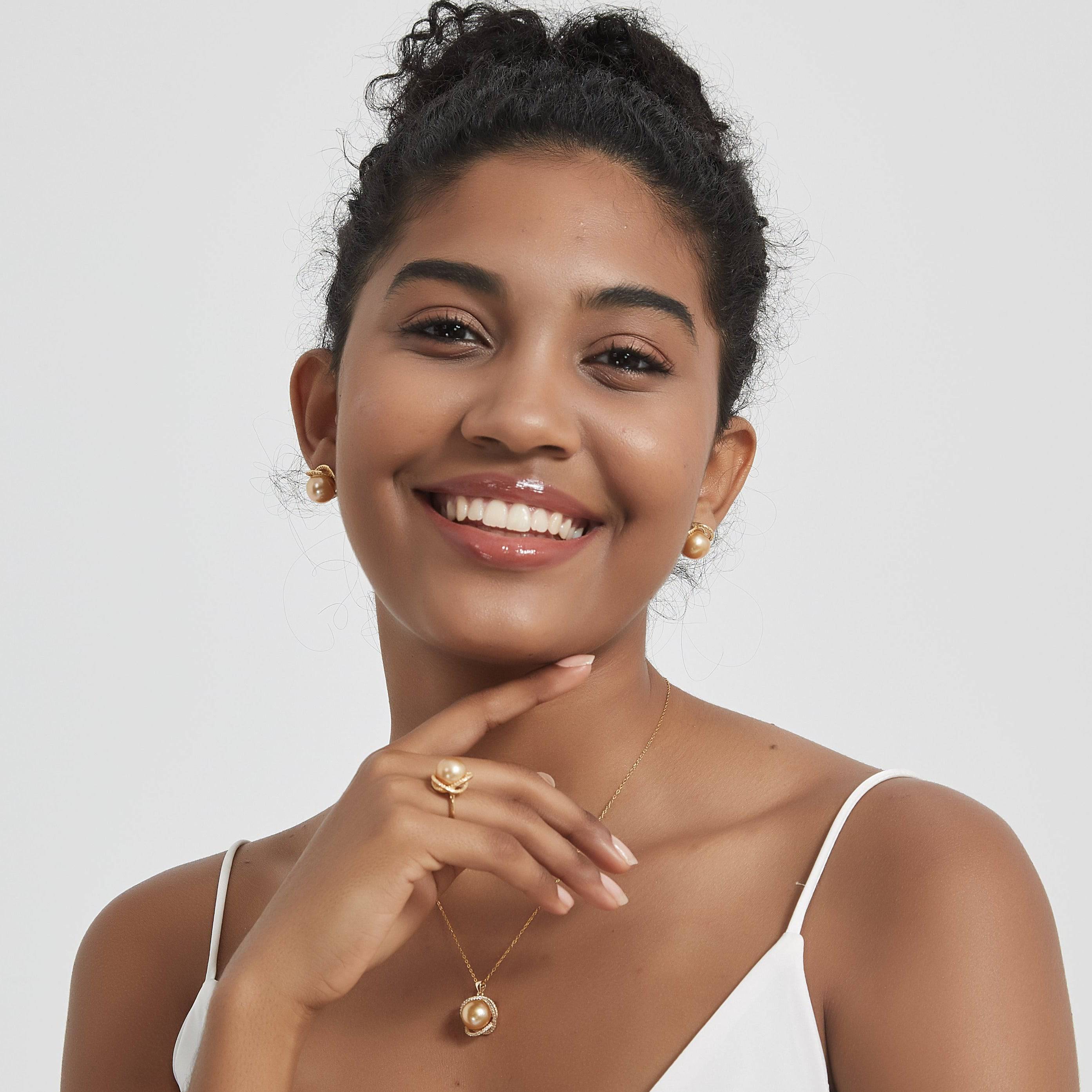 Golden South Sea Pearl & CZ Rose Earrings