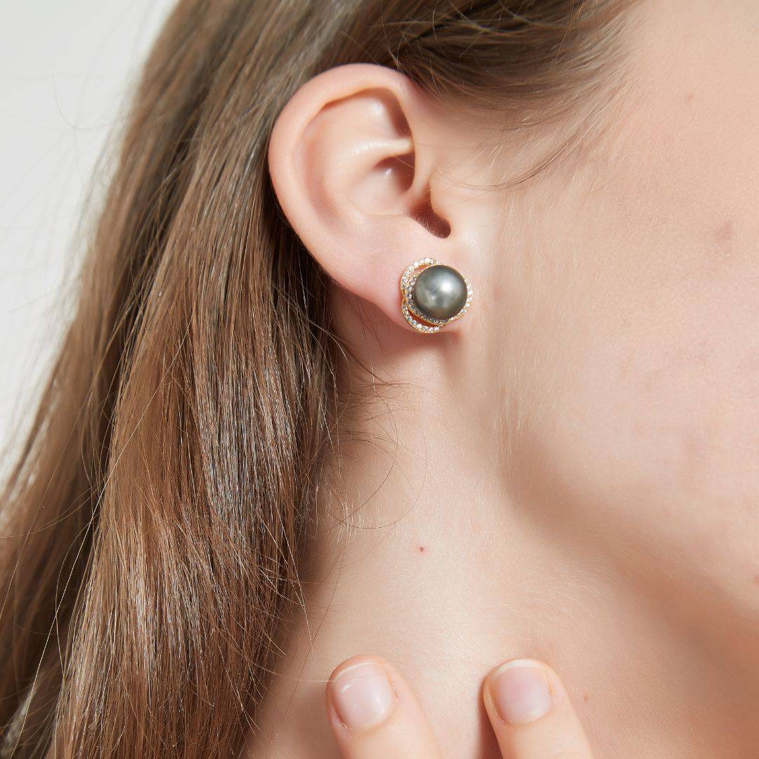 Tahitian South Sea Pearl 9-10mm & CZ Rose Earrings Sterling Silver