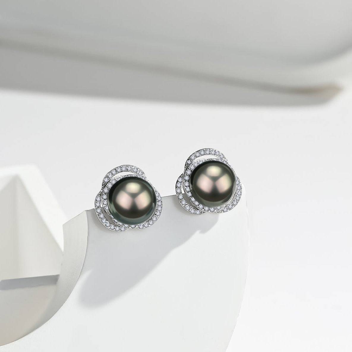 Tahitian South Sea Pearl 9-10mm & CZ Rose Earrings Sterling Silver