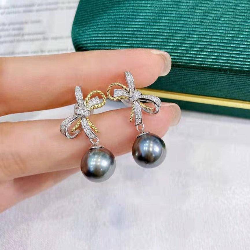 Tahitian South Sea Pearl & CZ Bow Earrings
