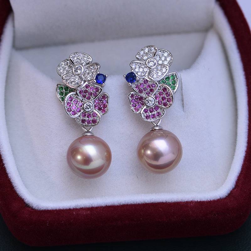 10-11mm Freshwater Pearl & Color Floral Earrings