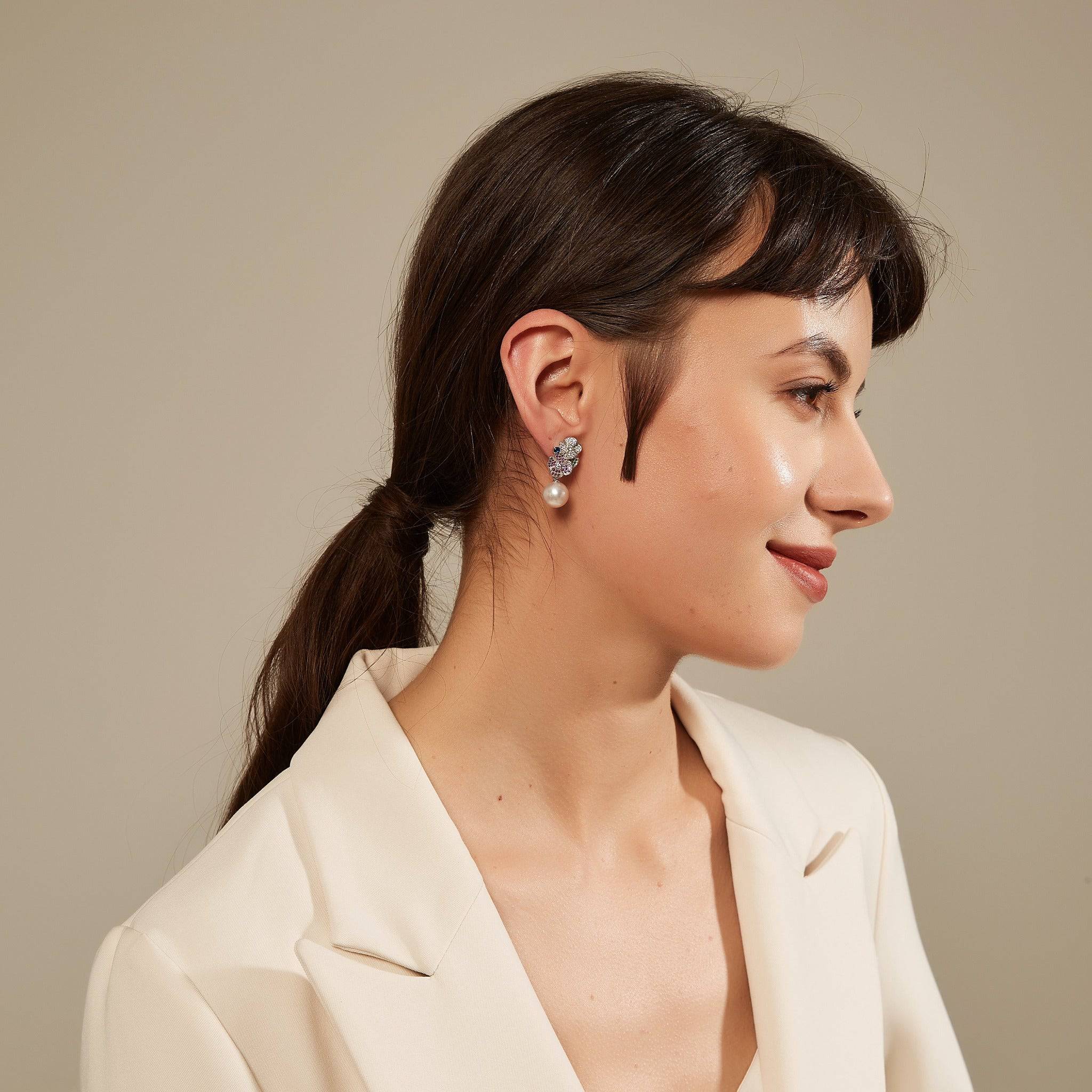 10-11mm Freshwater Pearl & Color Floral Earrings