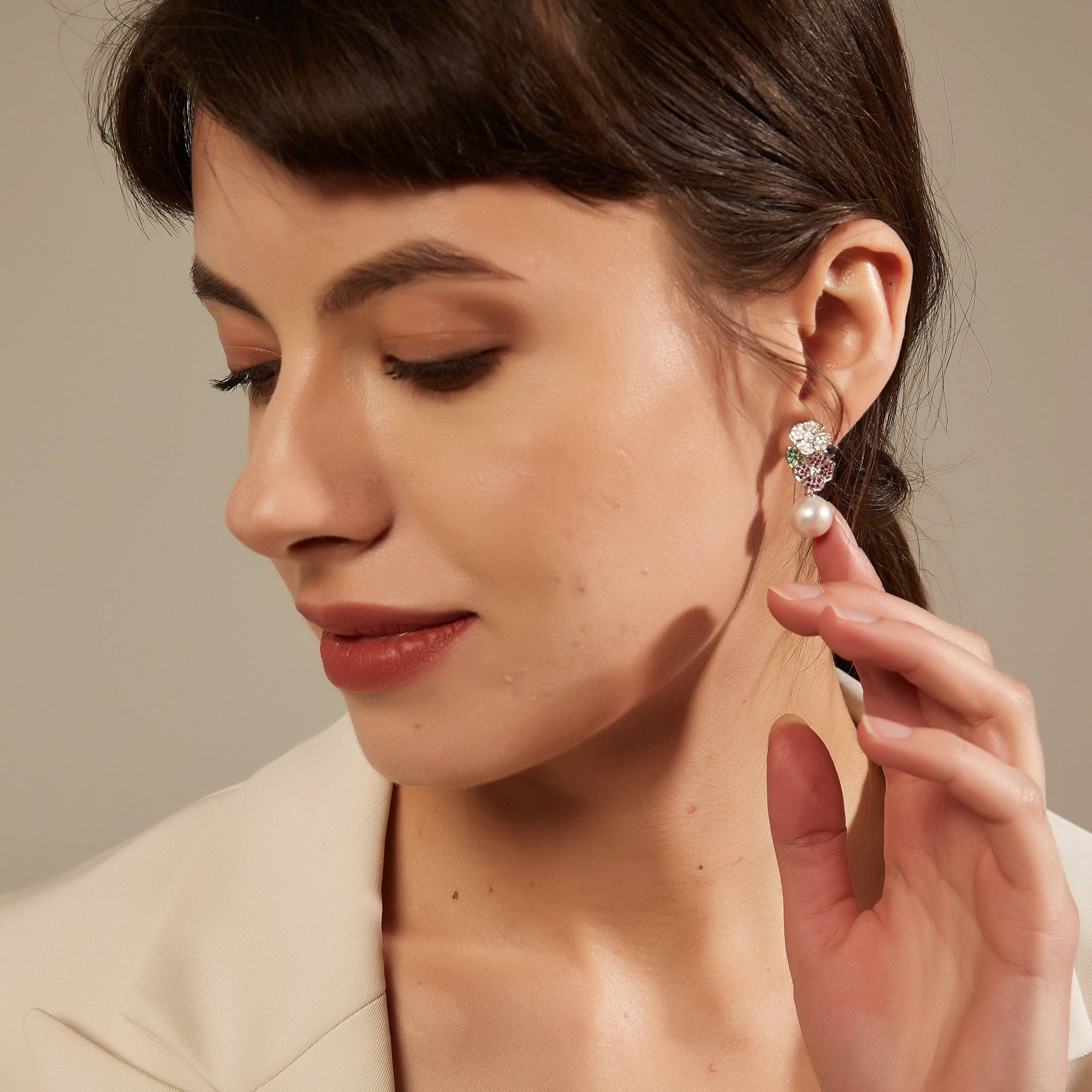 10-11mm Freshwater Pearl & Color Floral Earrings