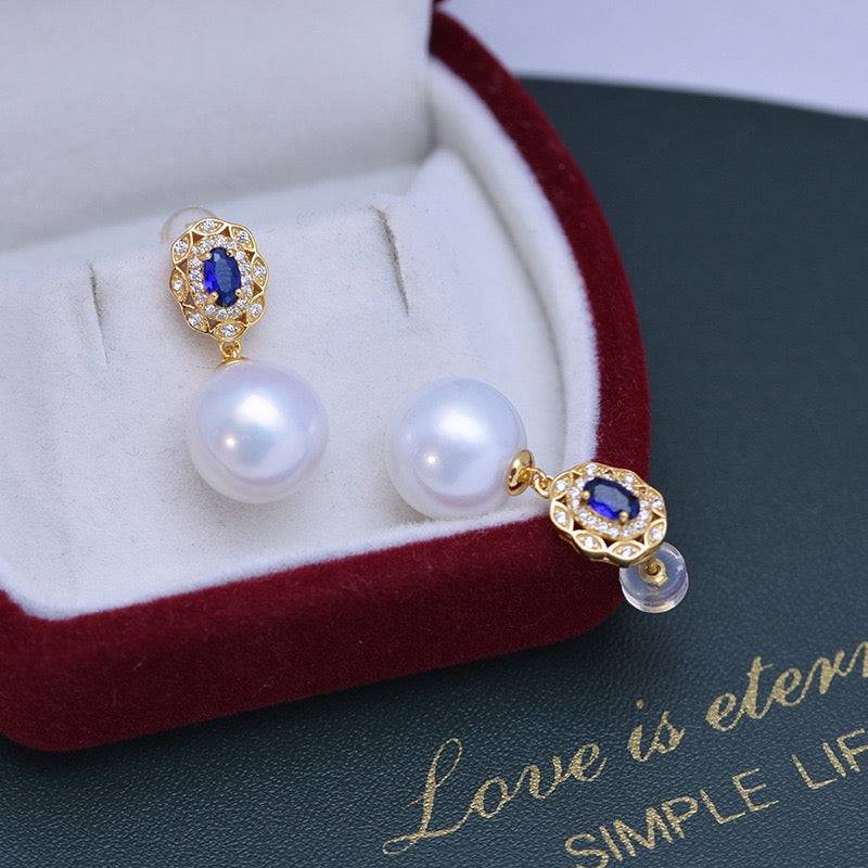 11-12mm Freshwater Pearl & Blue Gem Earrings
