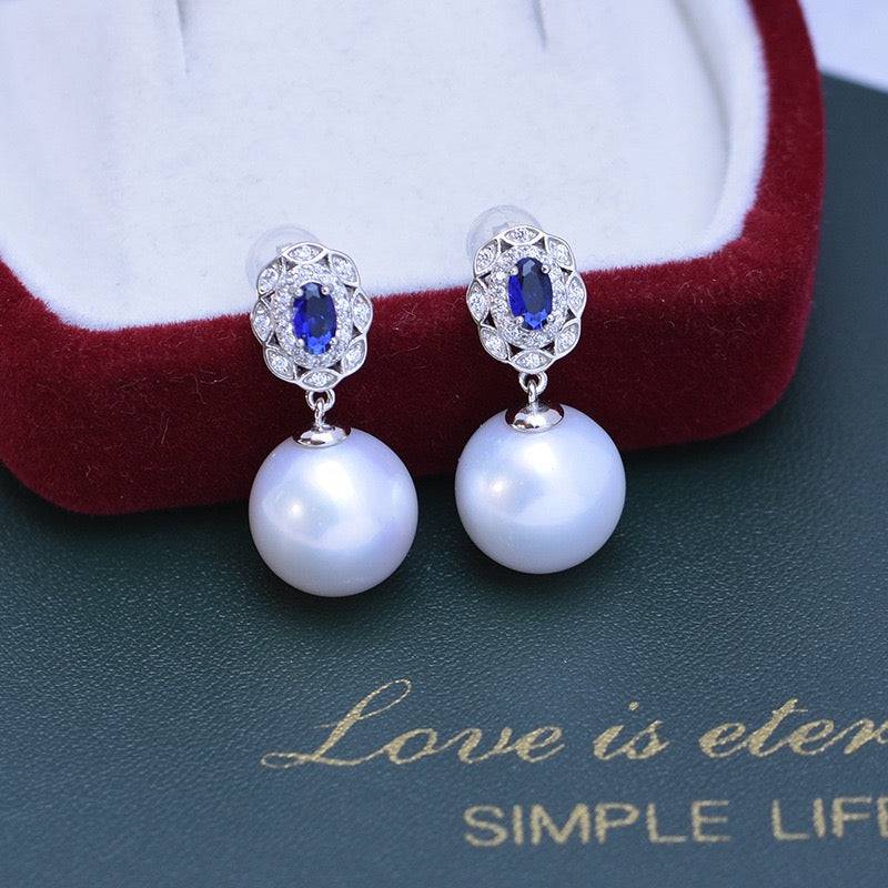 11-12mm Freshwater Pearl & Blue Gem Earrings