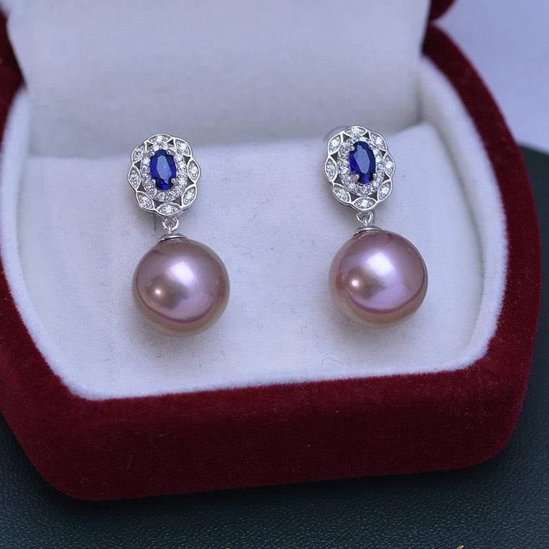 11-12mm Freshwater Pearl & Blue Gem Earrings