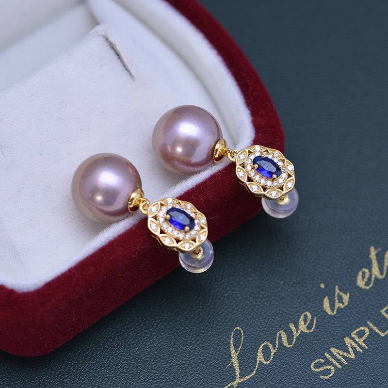11-12mm Freshwater Pearl & Blue Gem Earrings