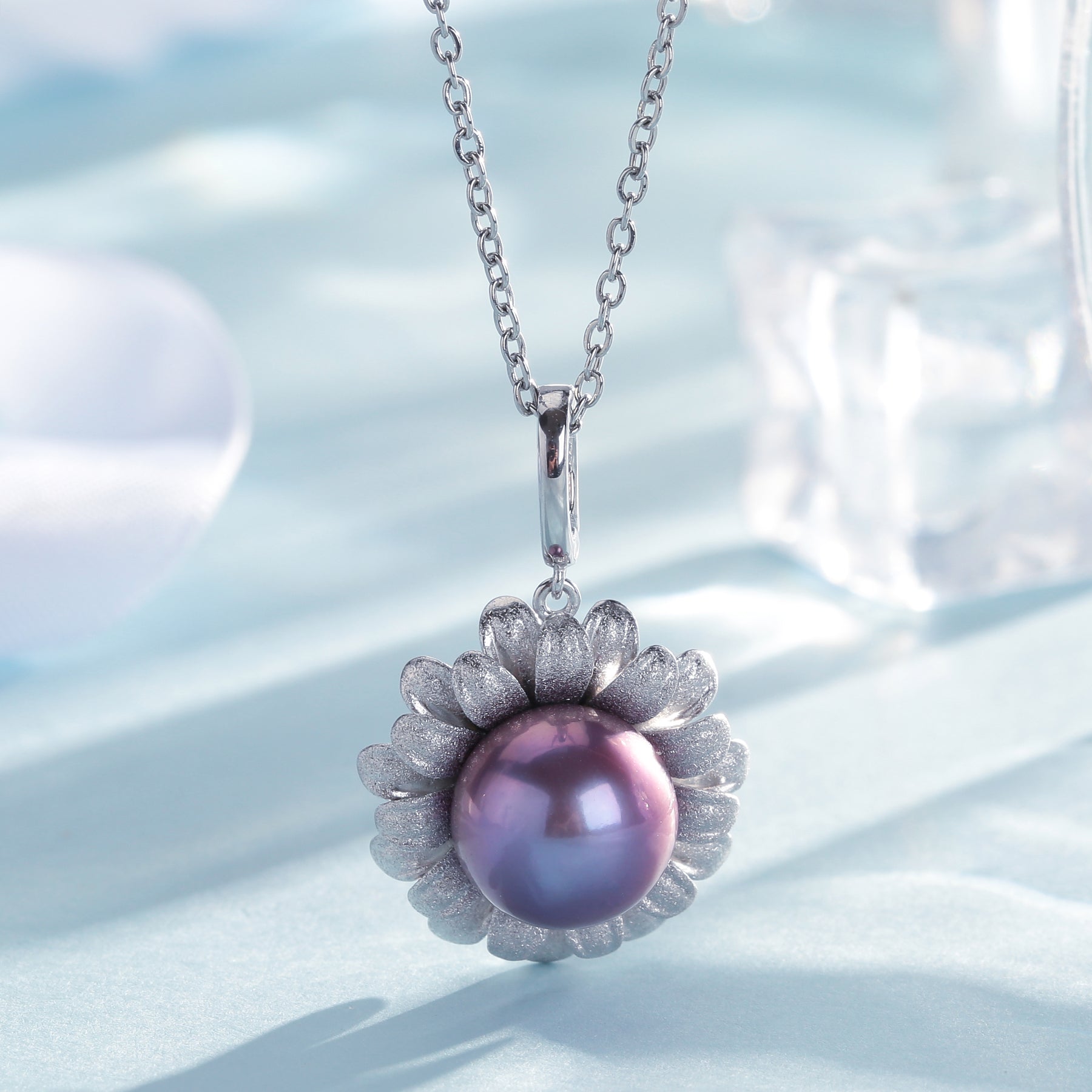 11-12mm Purple Freshwater Pearl Daisy Pendant Necklace