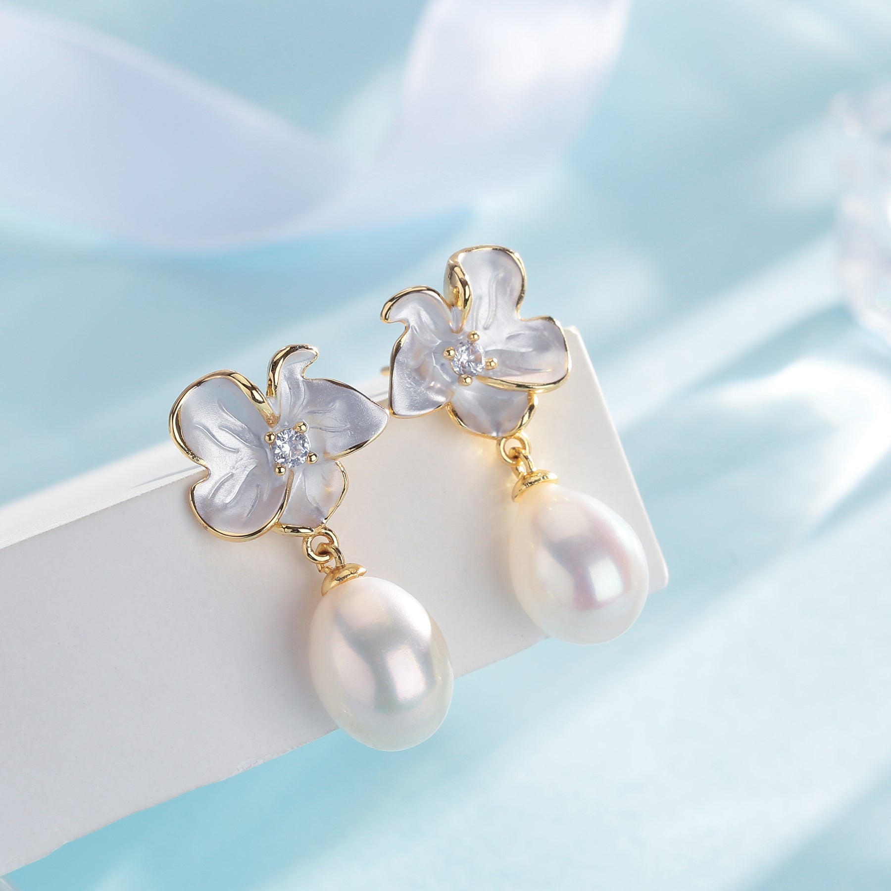 Magnolia Enamel Pearl Drop Earrings