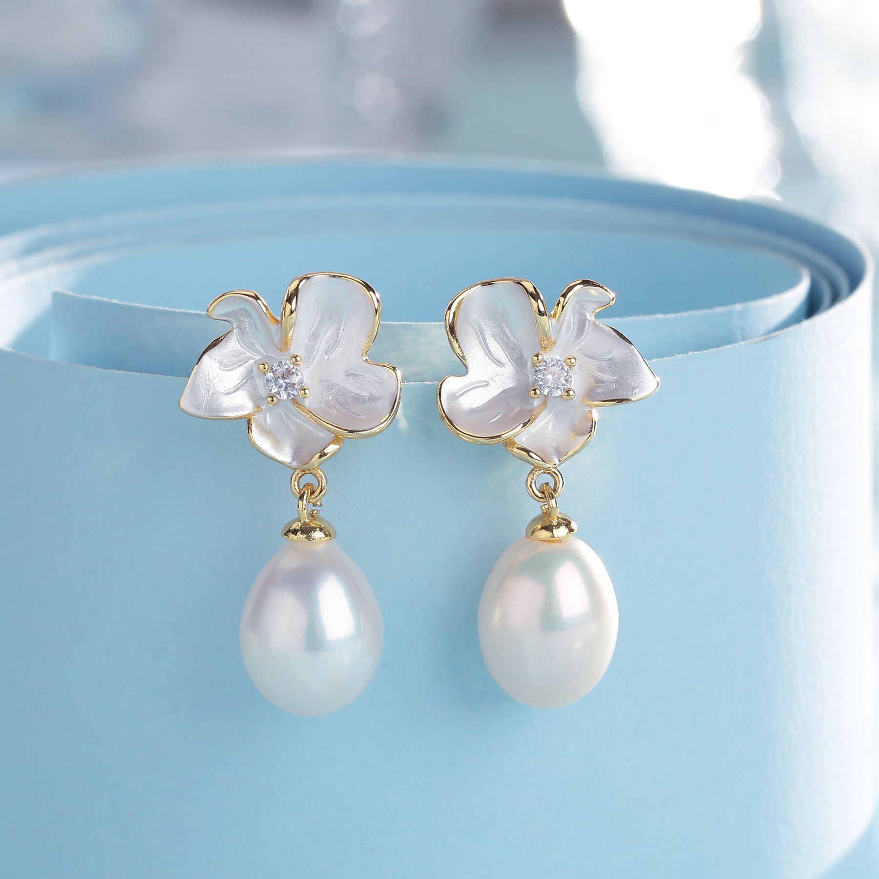Magnolia Enamel Pearl Drop Earrings