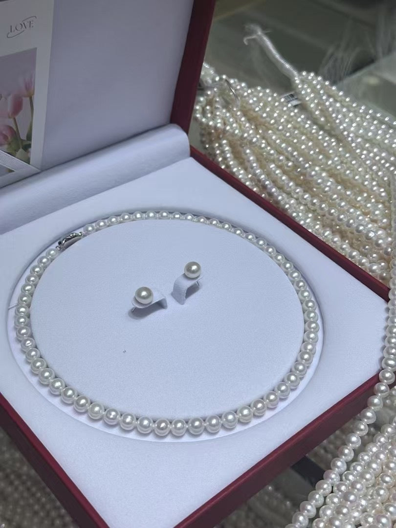 Freshwater Pearl Necklace, Earrings Set-AAA