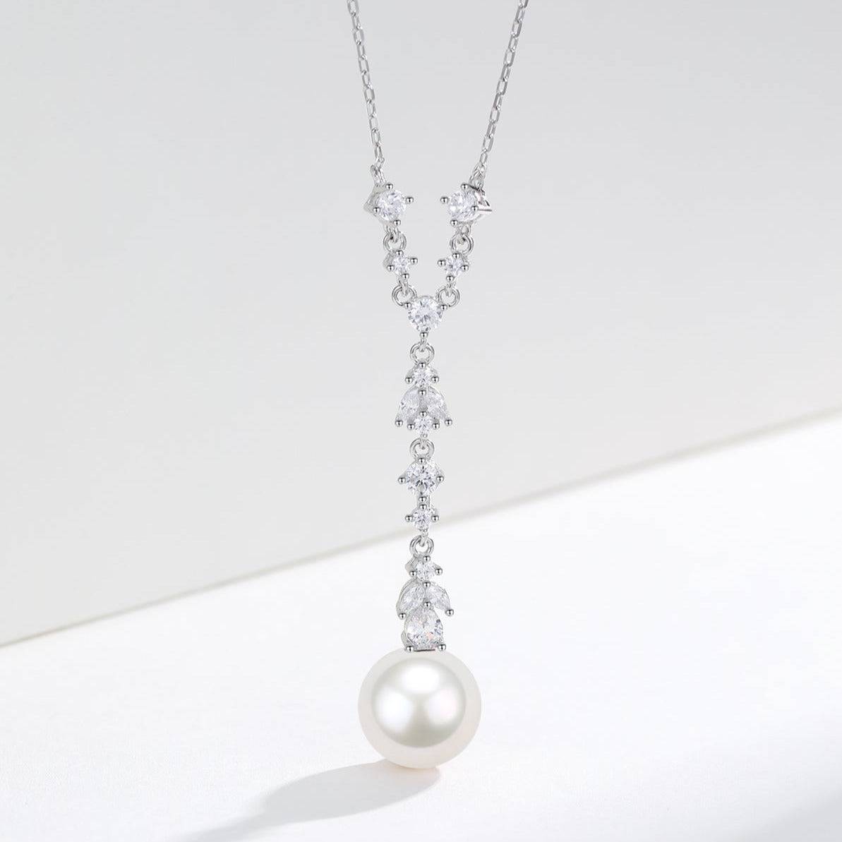 10-11mm White Freshwater Akoya Pearl & Cubic Zirconia Y-Shape Necklace