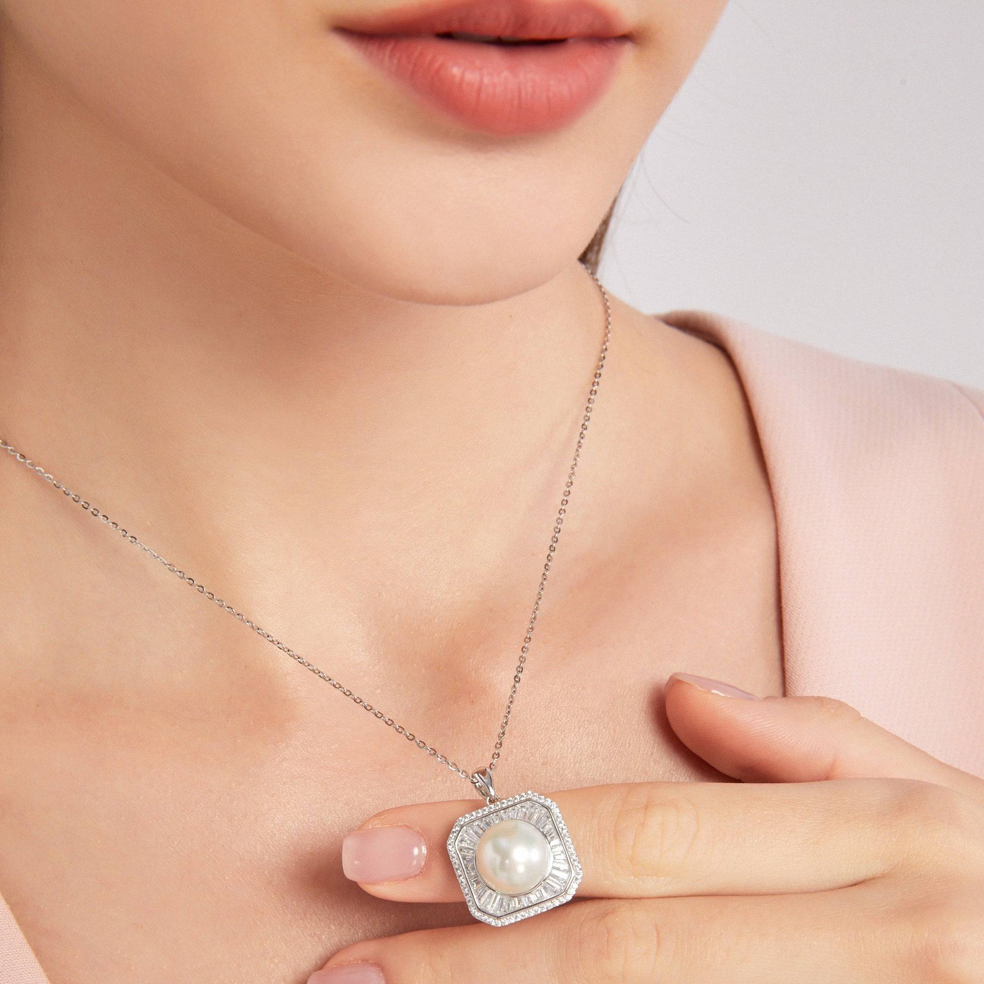 11-12mm Freshwater Pearl & Square CZ Pendant Necklace