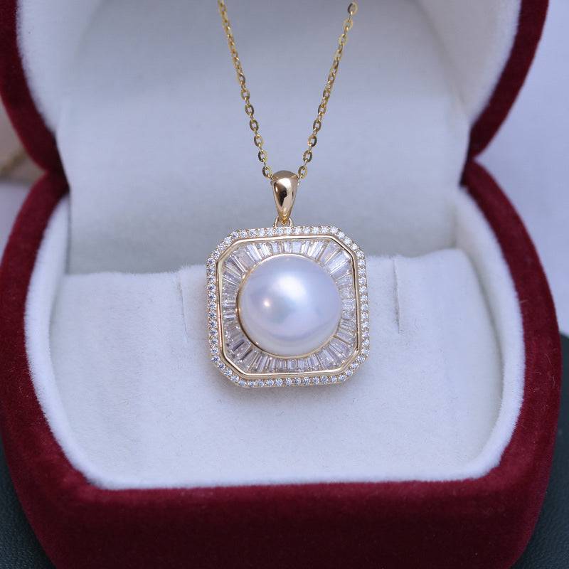 11-12mm Freshwater Pearl & Square CZ Pendant Necklace