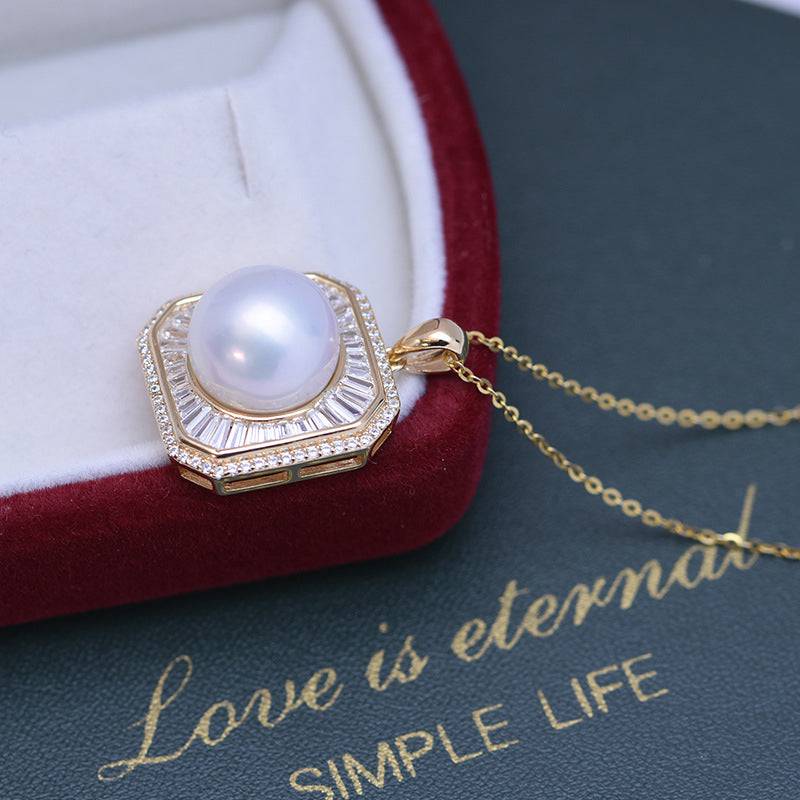 11-12mm Freshwater Pearl & Square CZ Pendant Necklace