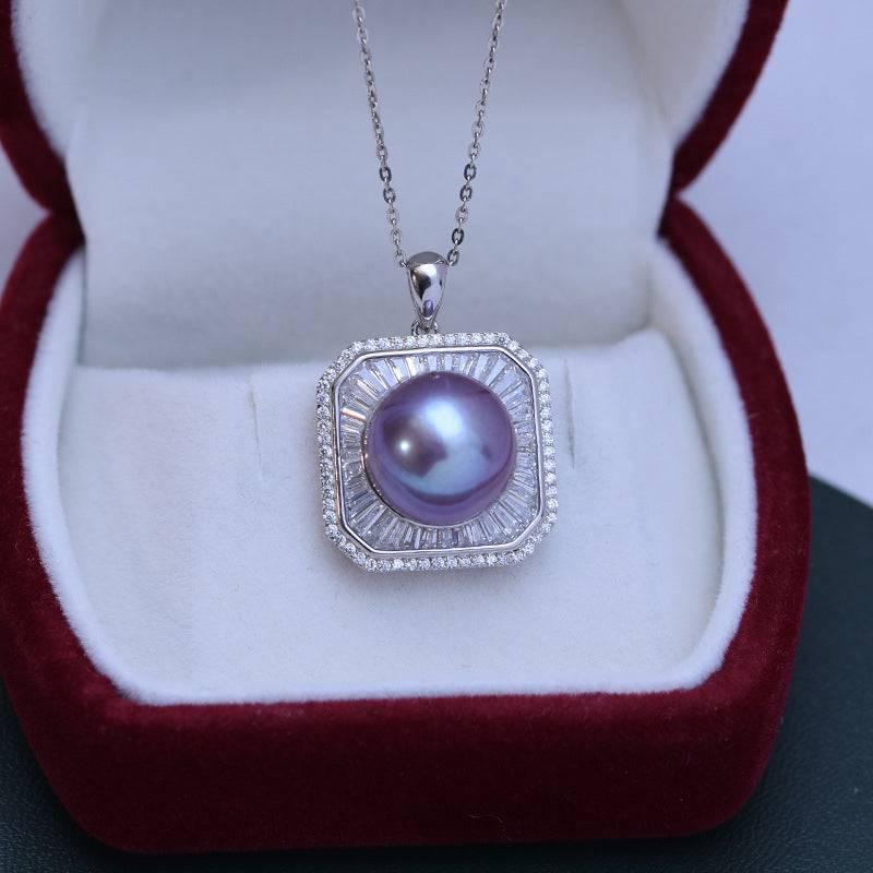11-12mm Freshwater Pearl & Square CZ Pendant Necklace
