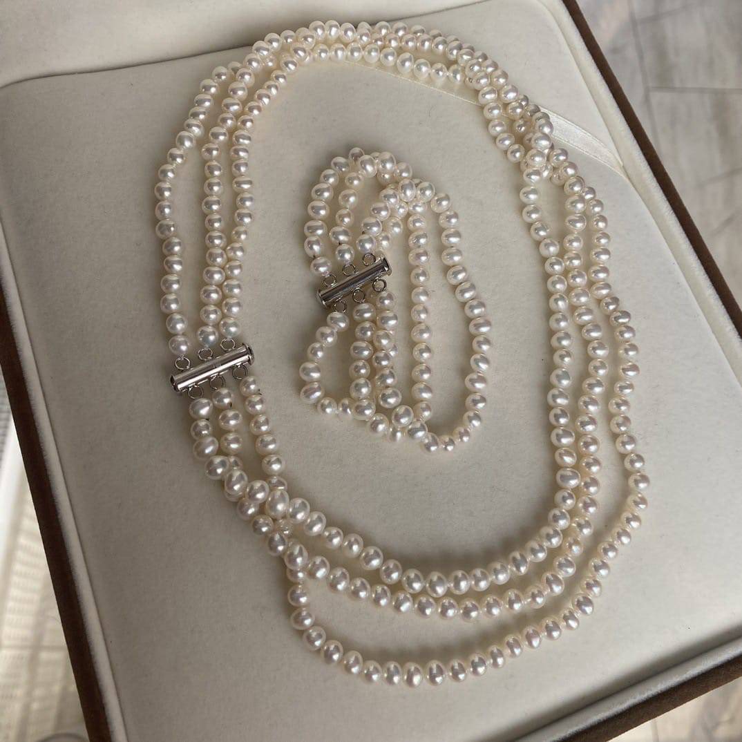 5-6mm Triple Freshwater Pearls Necklace Bracelet Set(Purchase Individually)