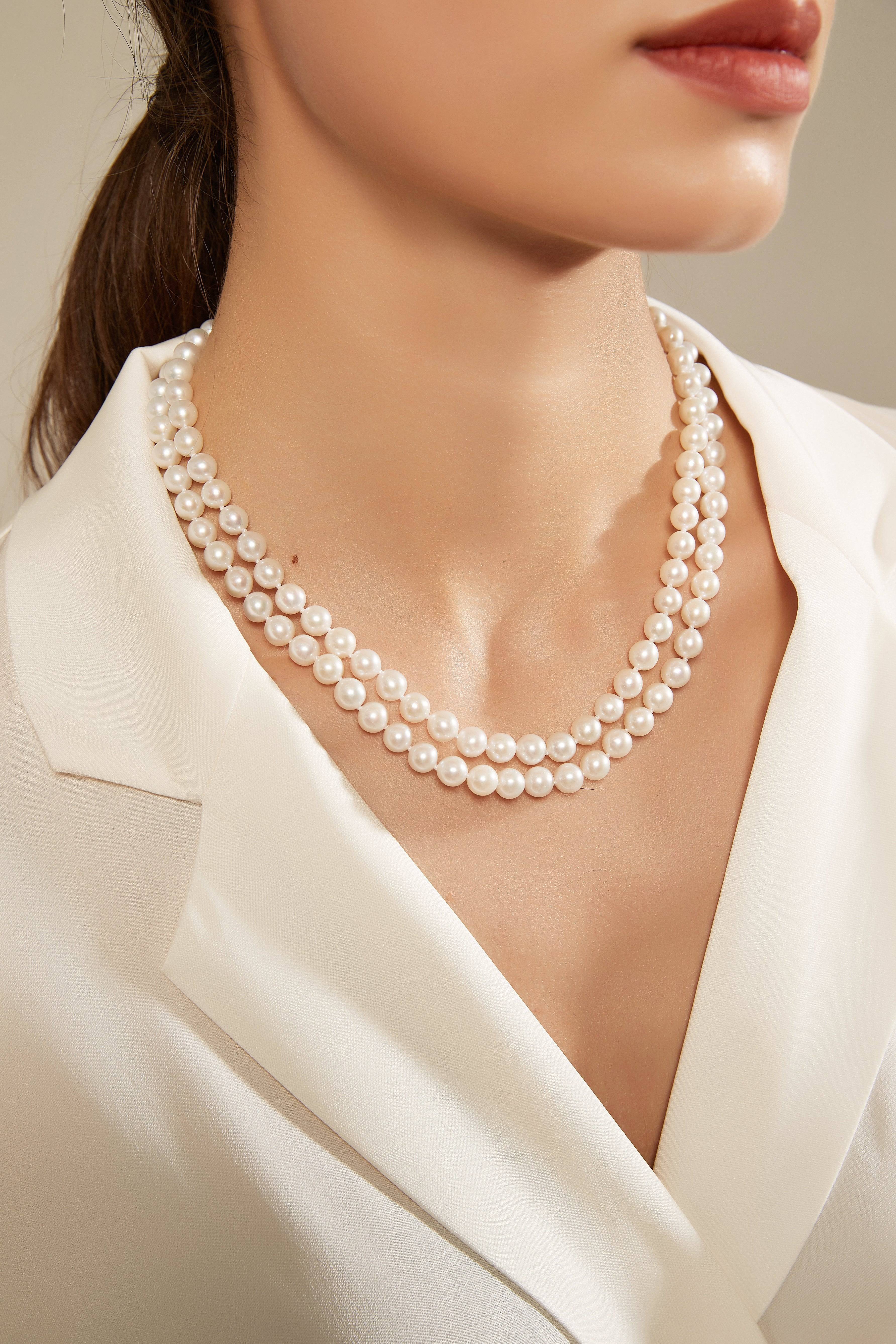 7.5-8.0mm White Freshwater Double Strand Pearl Necklace