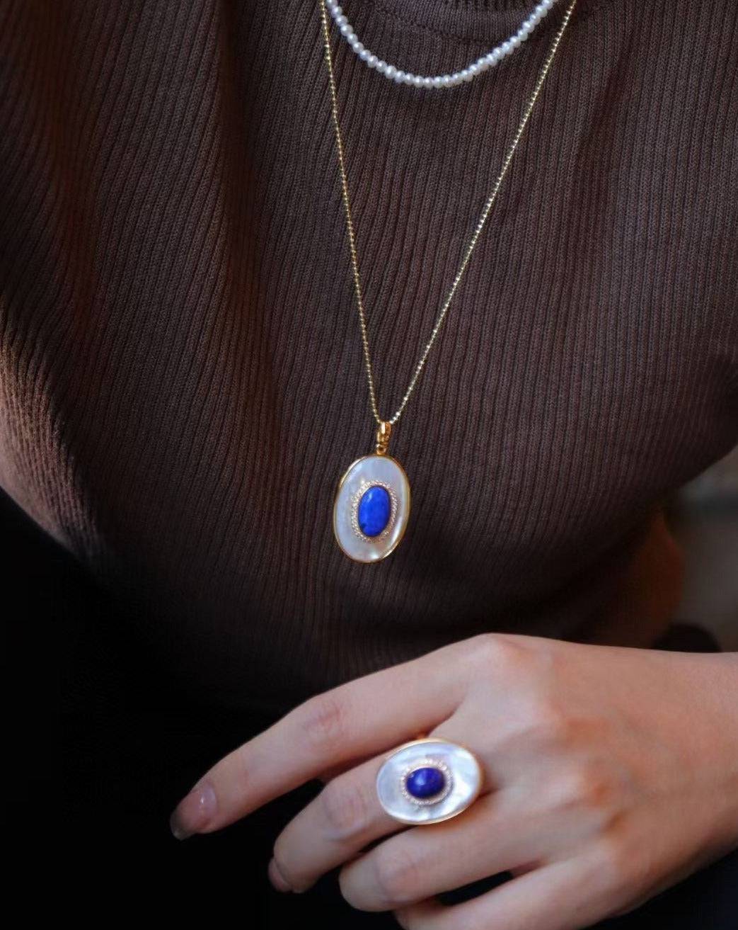 Blue Lapis Lazuli Mother of Pearls Pendant Necklace Earrings( Purchase Individually)