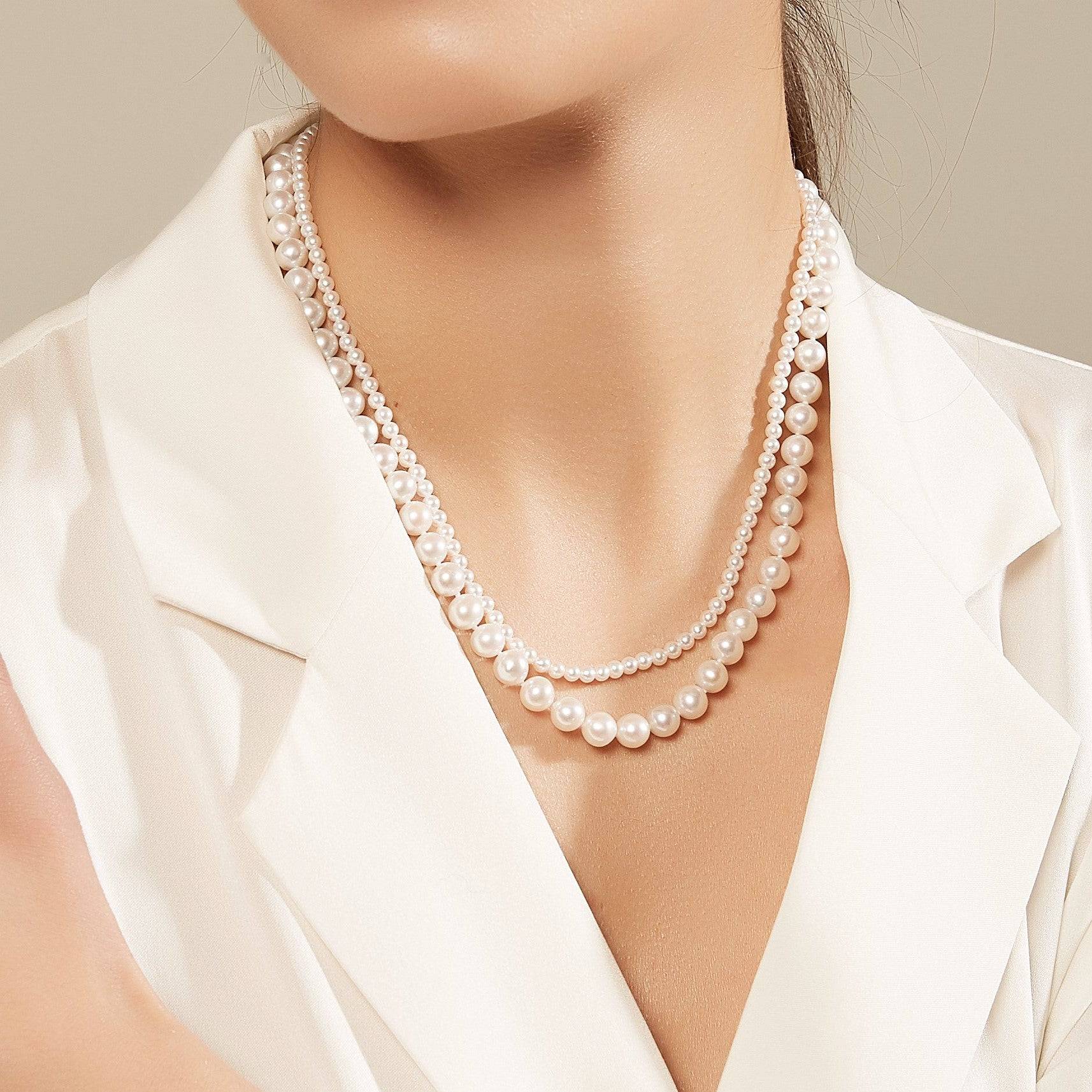 Dual Strand Two Size White Freshwater Flower Clasp Necklace