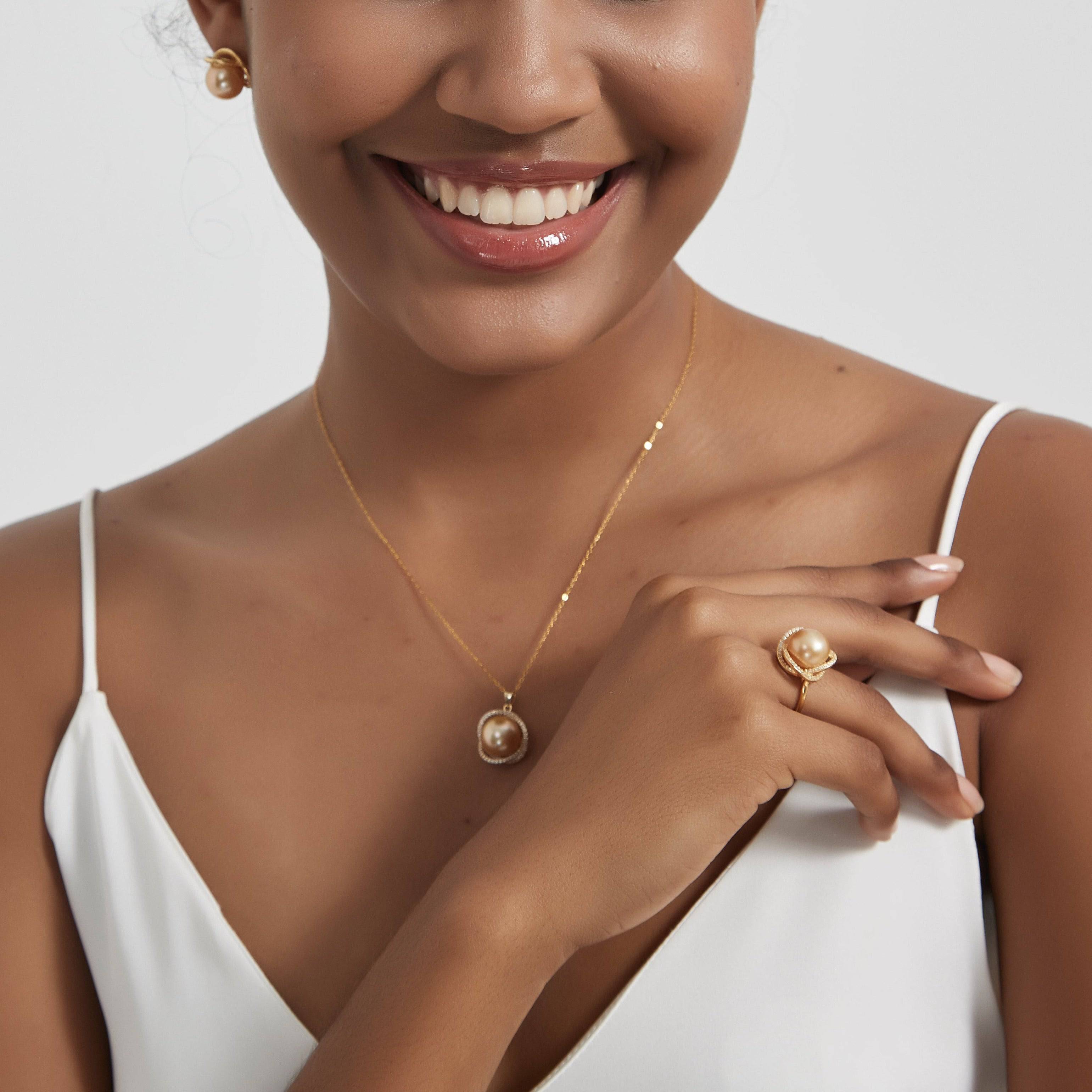 Golden South Sea Pearl 11.0-12.0mm & CZ Rose Pendant Necklace