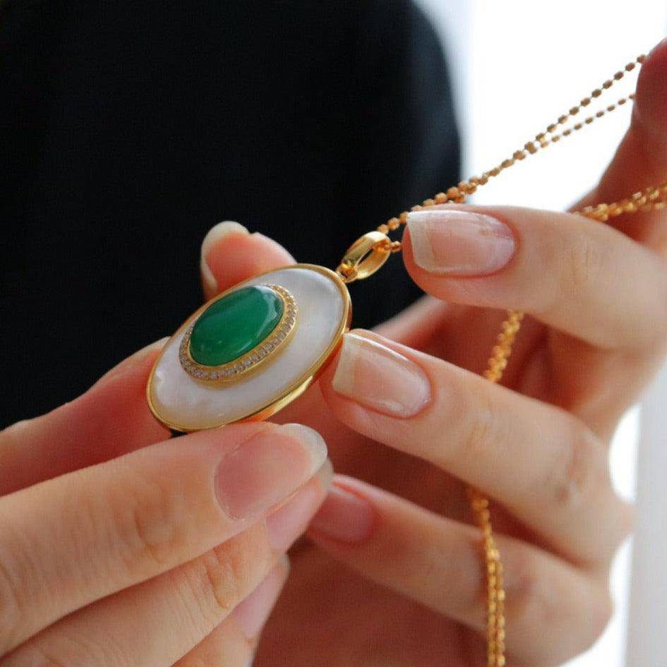 Green Onyx Mother of Pearls Pendant Necklace Gold Vermeil