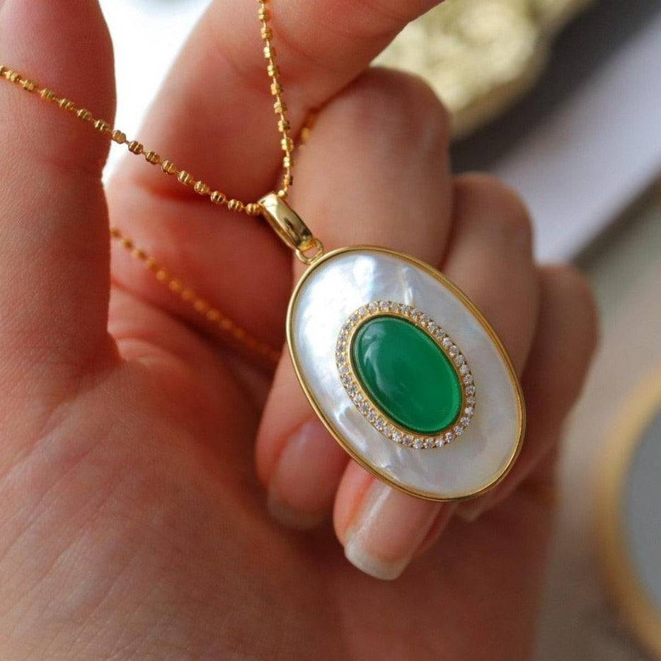 Green Onyx Mother of Pearls Pendant Necklace Gold Vermeil