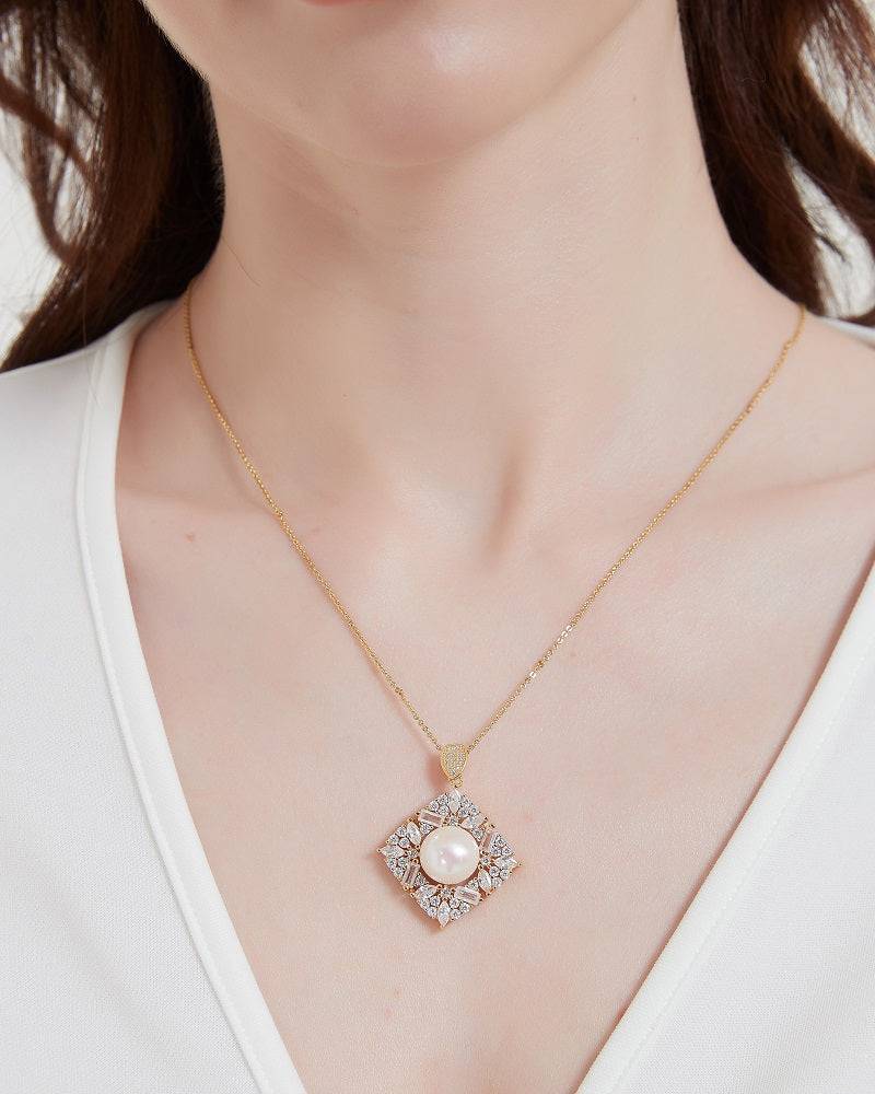 Square Pendant CZ White Freshwater Pearl Necklace Gold Vermeil