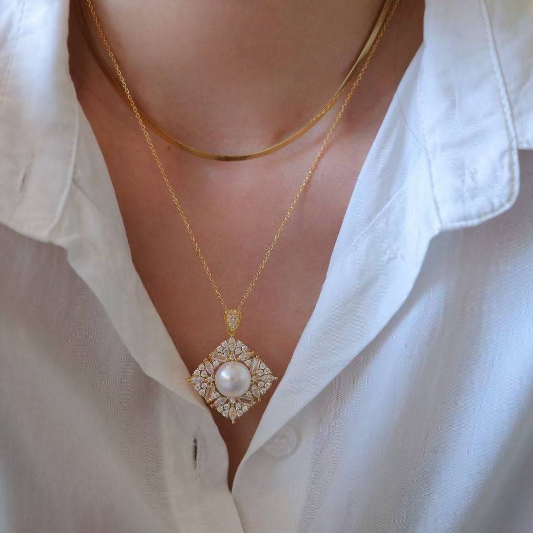 Square Pendant CZ White Freshwater Pearl Necklace Gold Vermeil