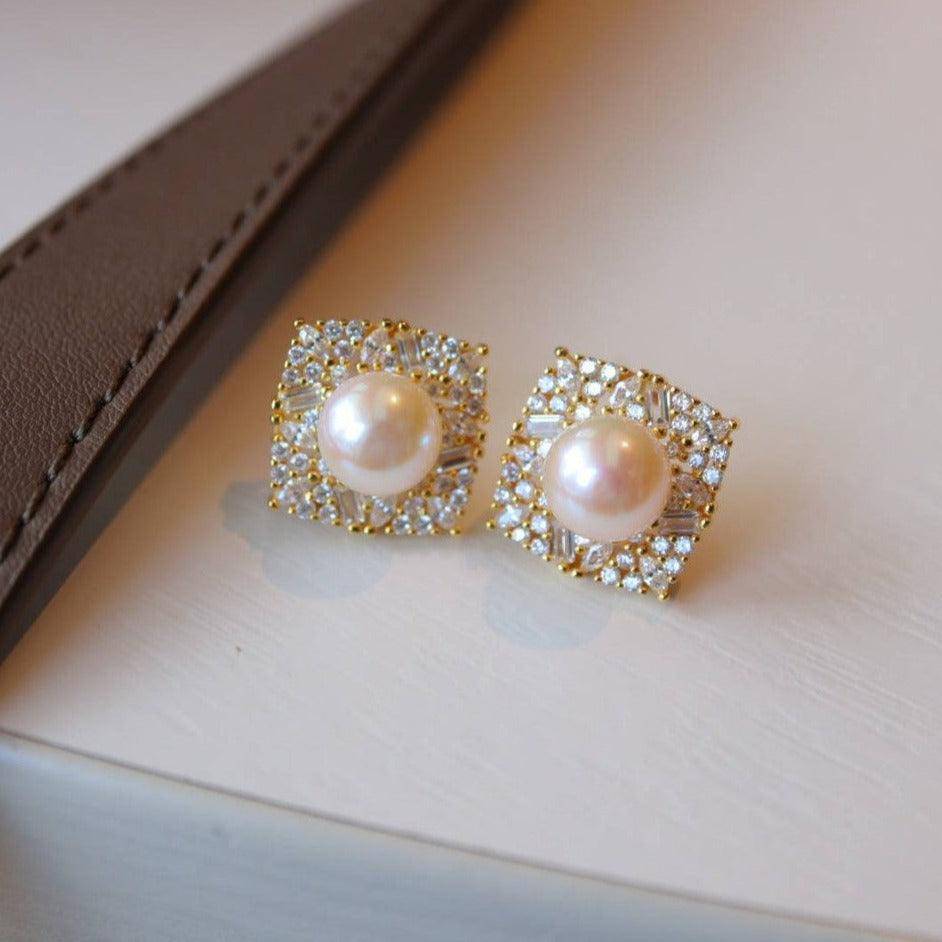 Square Pendant CZ White Freshwater Pearl Necklace Gold Vermeil