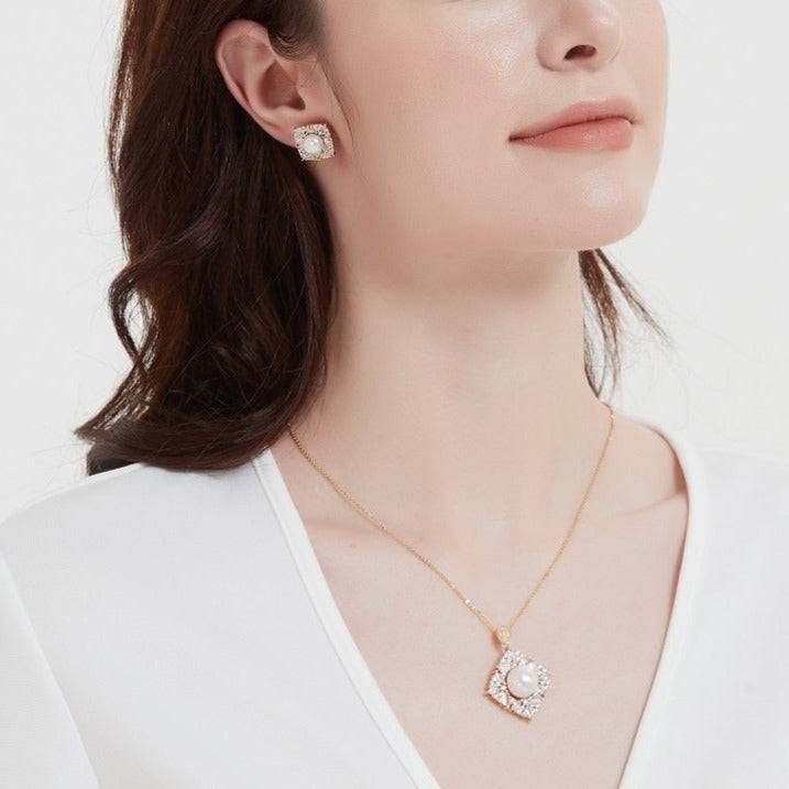 Square Pendant CZ White Freshwater Pearl Necklace Gold Vermeil
