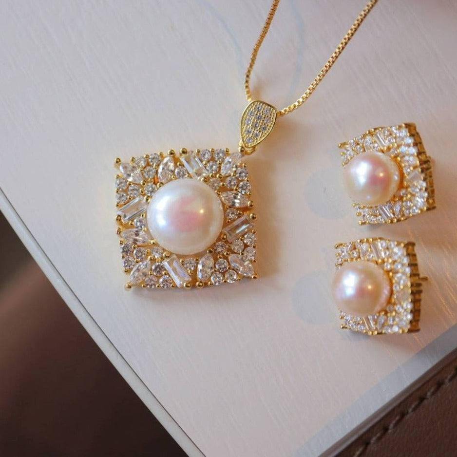 Square Pendant CZ White Freshwater Pearl Necklace Gold Vermeil
