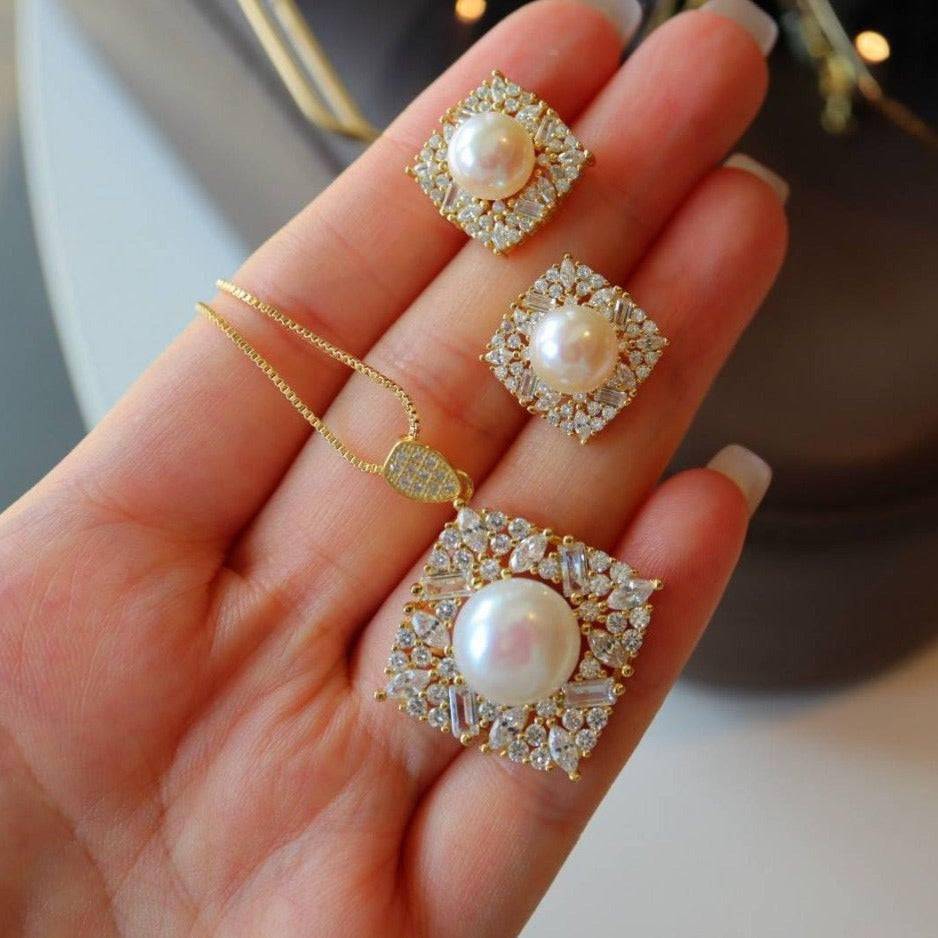 Square Pendant CZ White Freshwater Pearl Necklace Gold Vermeil
