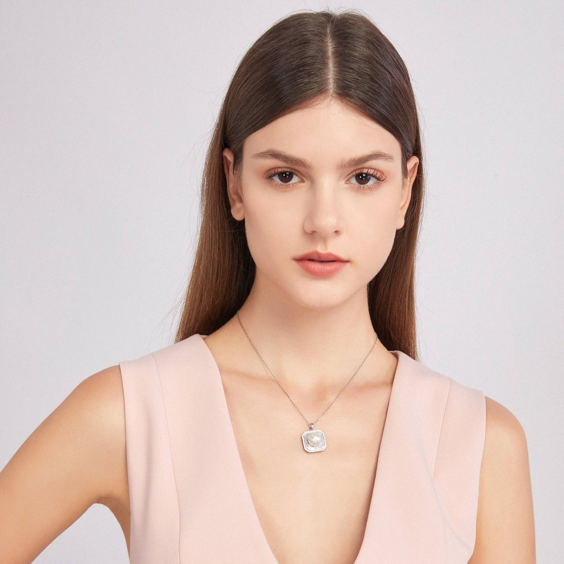 11-12mm Freshwater Pearl & Square CZ Pendant Necklace