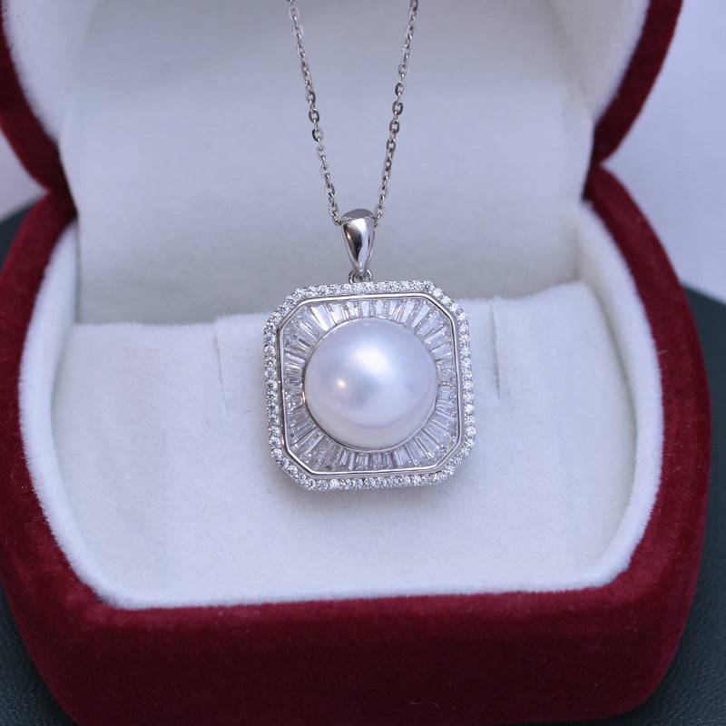 11-12mm Freshwater Pearl & Square CZ Pendant Necklace
