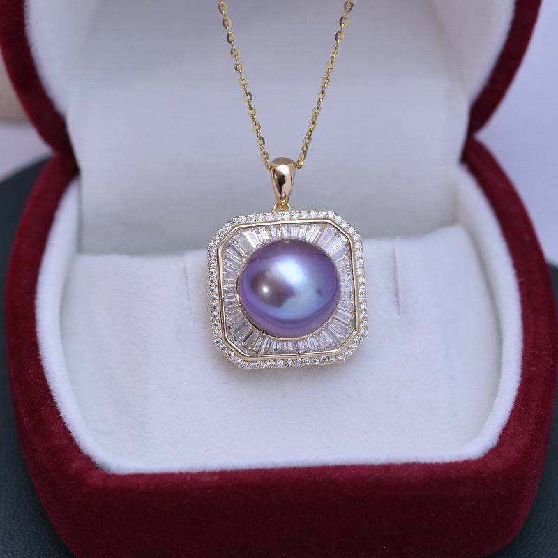 11-12mm Freshwater Pearl & Square CZ Pendant Necklace