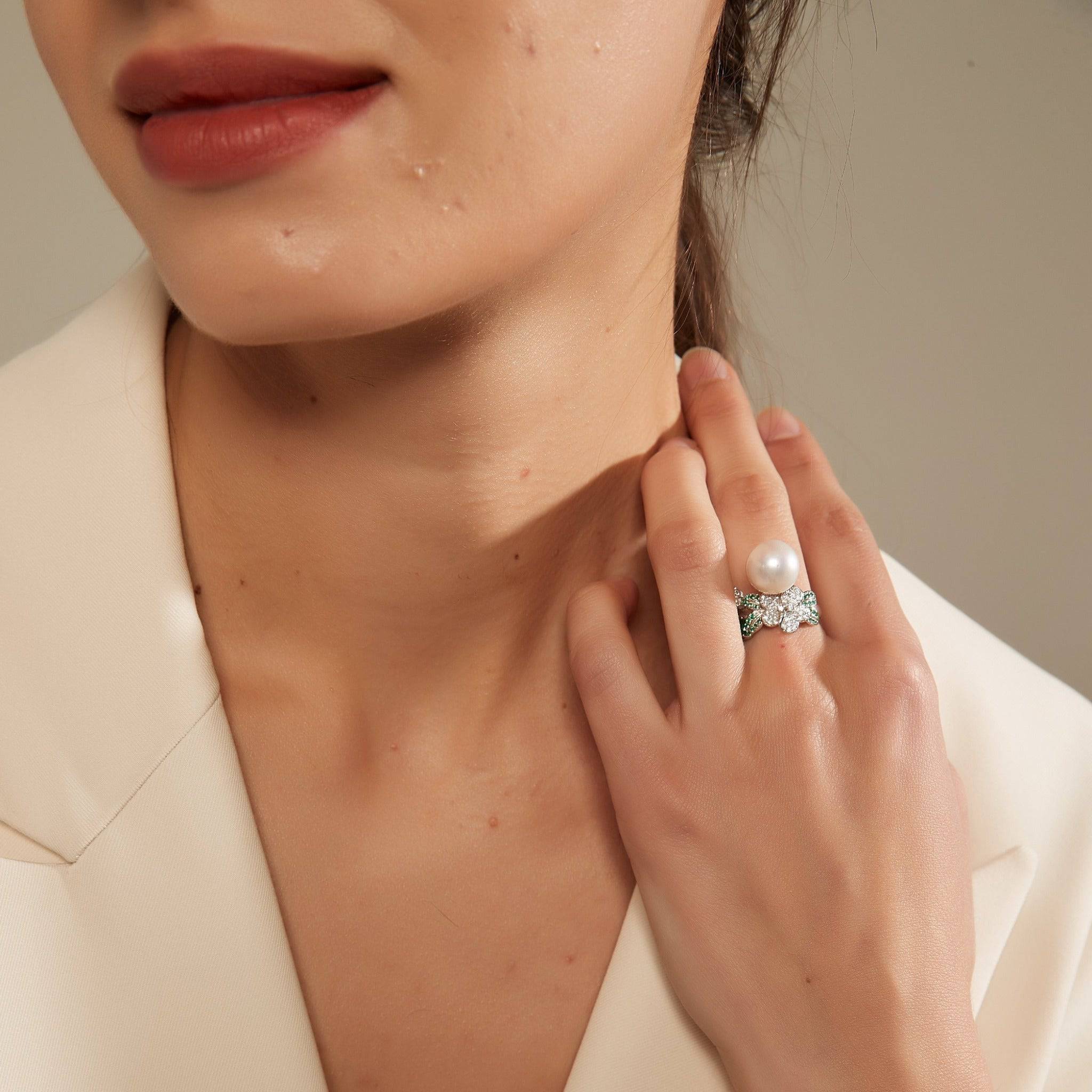 11-12mm Freshwater Pearl & Floral Green CZ Ring