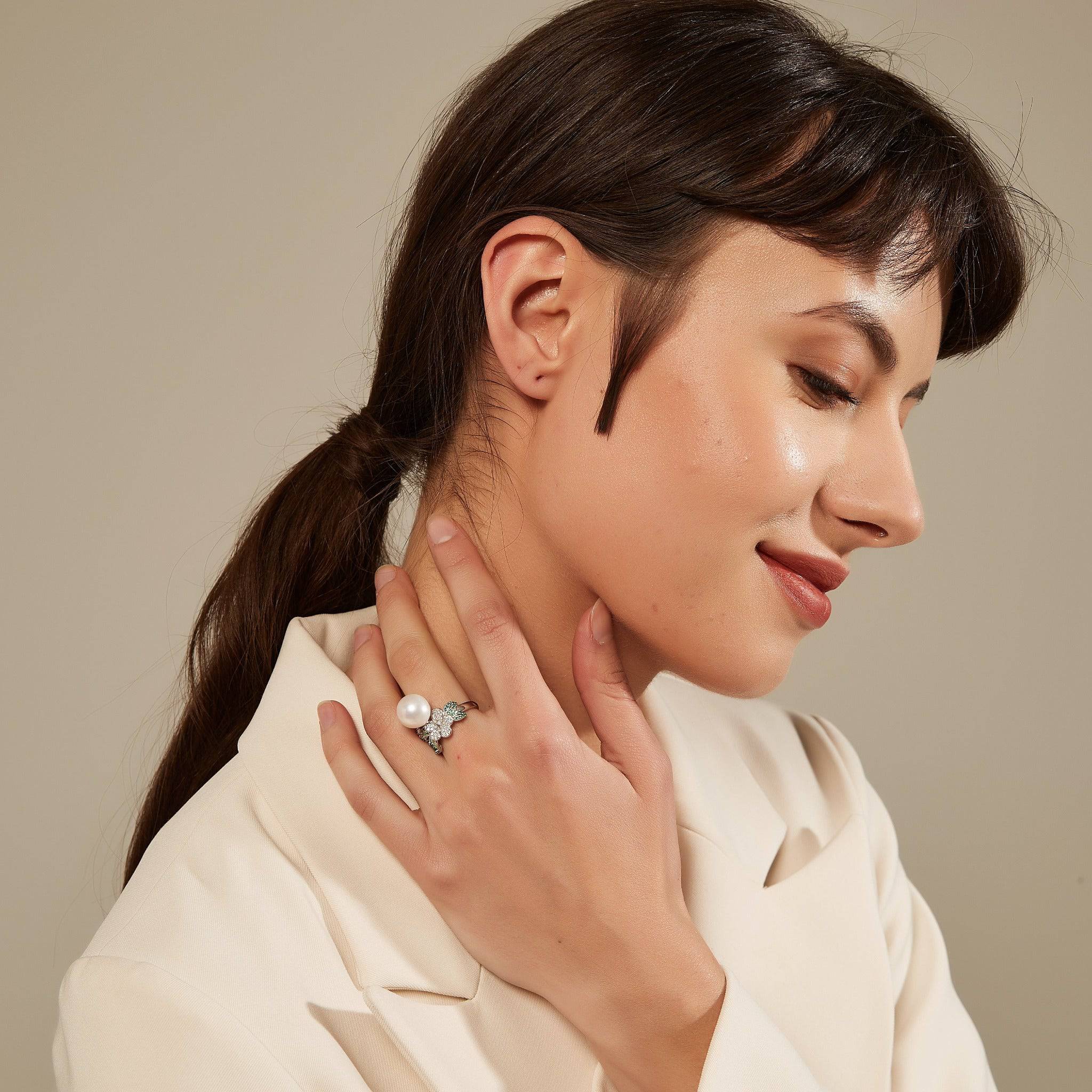 11-12mm Freshwater Pearl & Floral Green CZ Ring