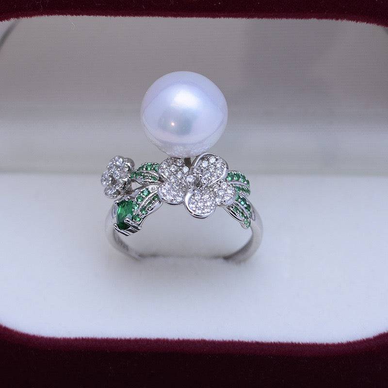 11-12mm Freshwater Pearl & Floral Green CZ Ring