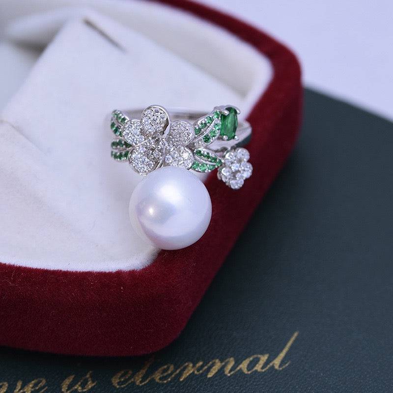11-12mm Freshwater Pearl & Floral Green CZ Ring