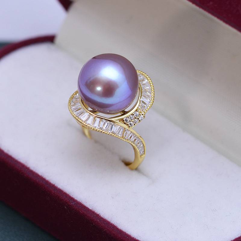 12-13mm Freshwater Pearl & Large Full CZ Rose Ring