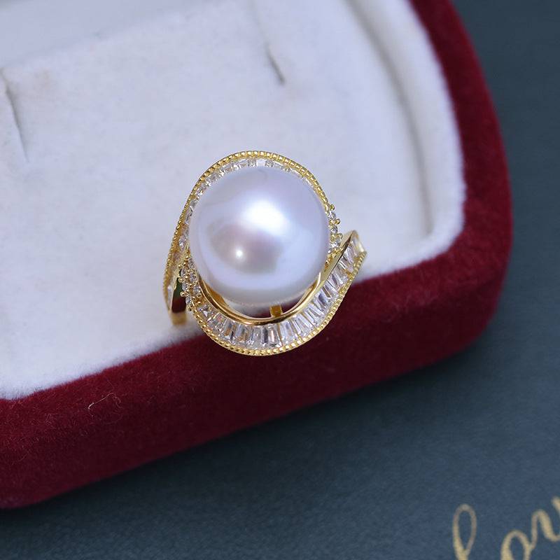 12-13mm Freshwater Pearl & Large Full CZ Rose Ring
