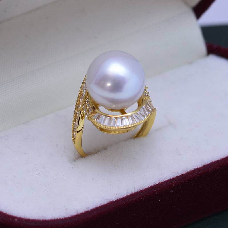 12-13mm Freshwater Pearl & Large Full CZ Rose Ring