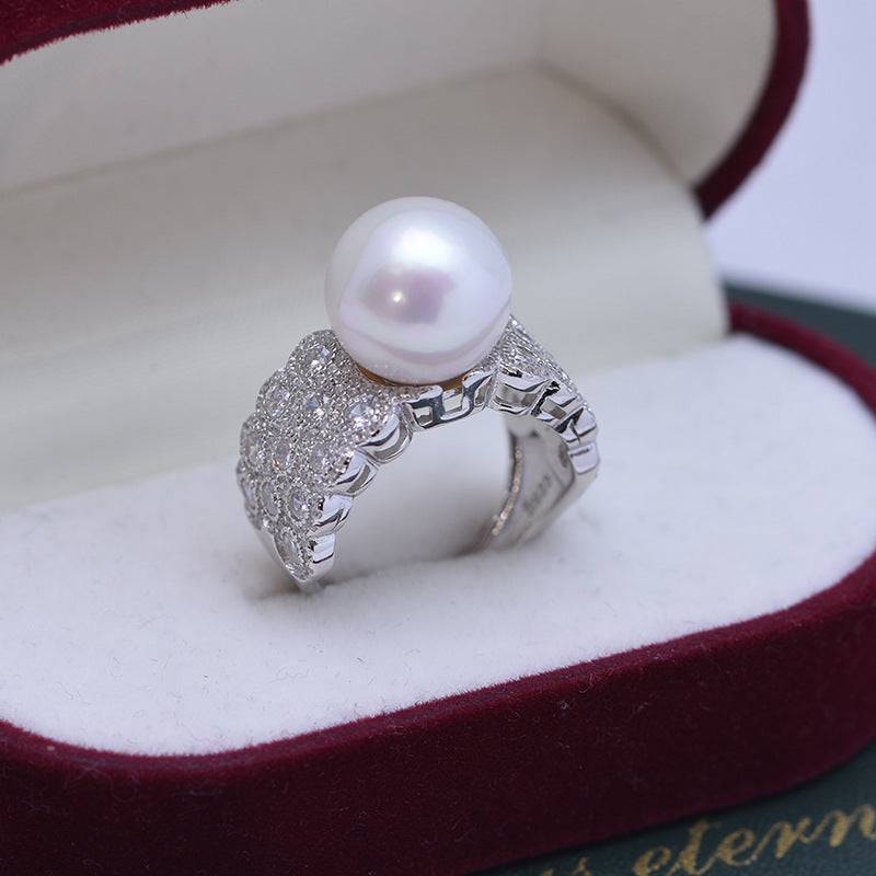 12-13mm Freshwater Pearl & Large Full CZ Wide Ring
