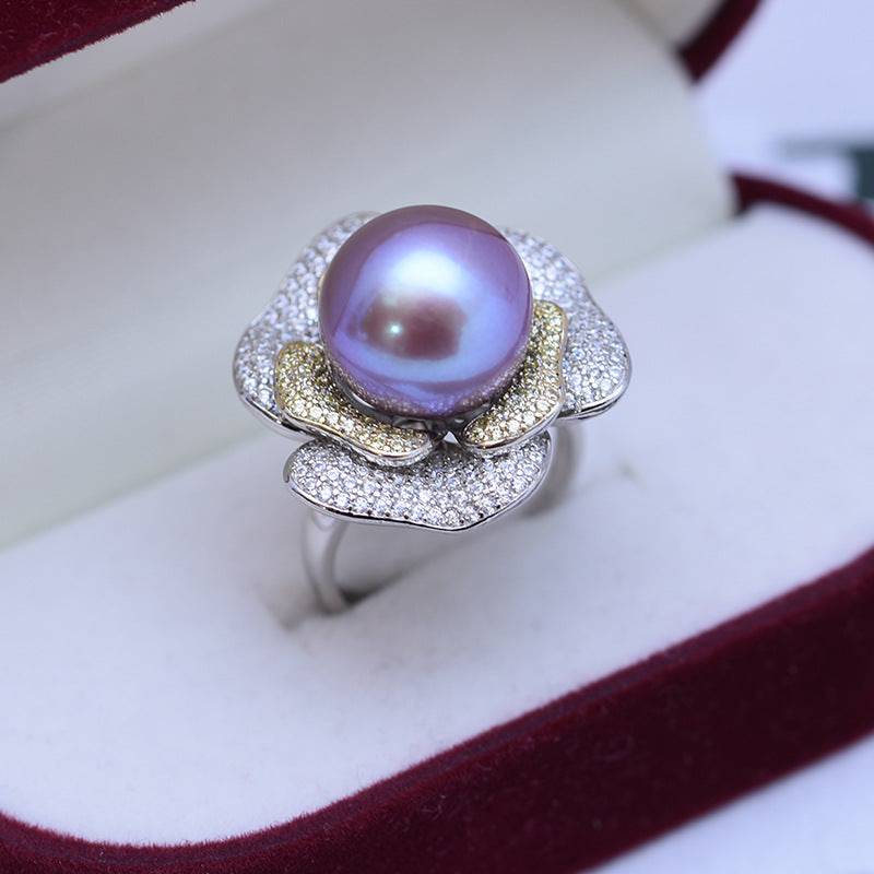 12-13mm Freshwater Pearl & Large Rose CZ Ring