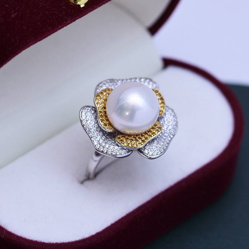 12-13mm Freshwater Pearl & Large Rose CZ Ring