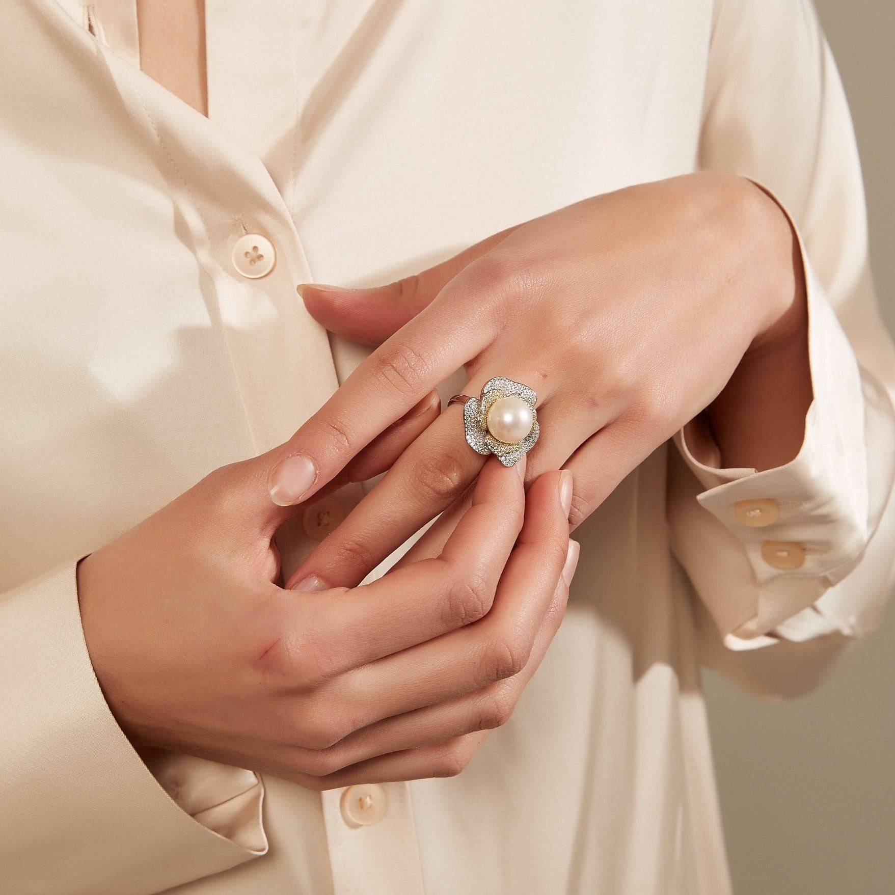 12-13mm Freshwater Pearl & Large Rose CZ Ring