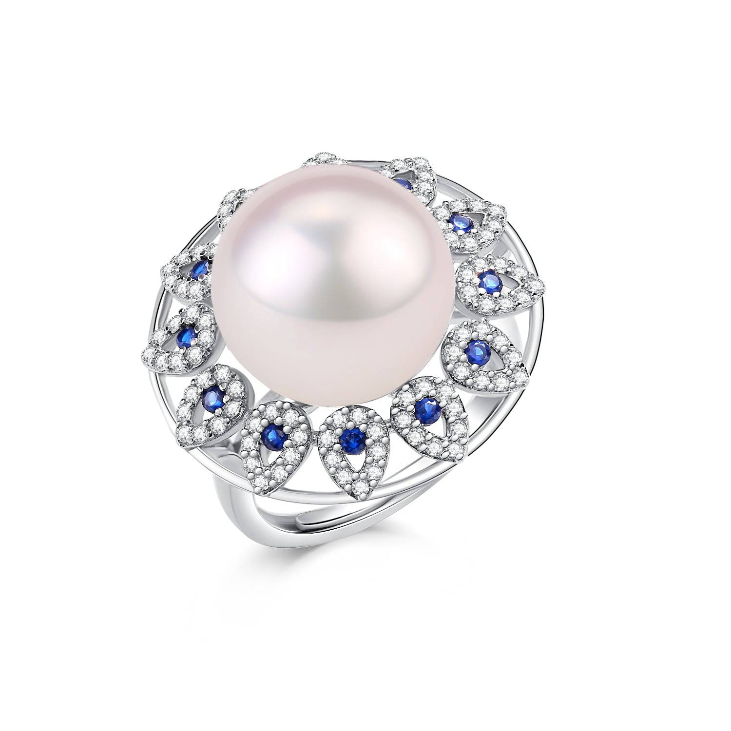 13-14mm Freshwater Pearl & Blue Gem Luxury Ring