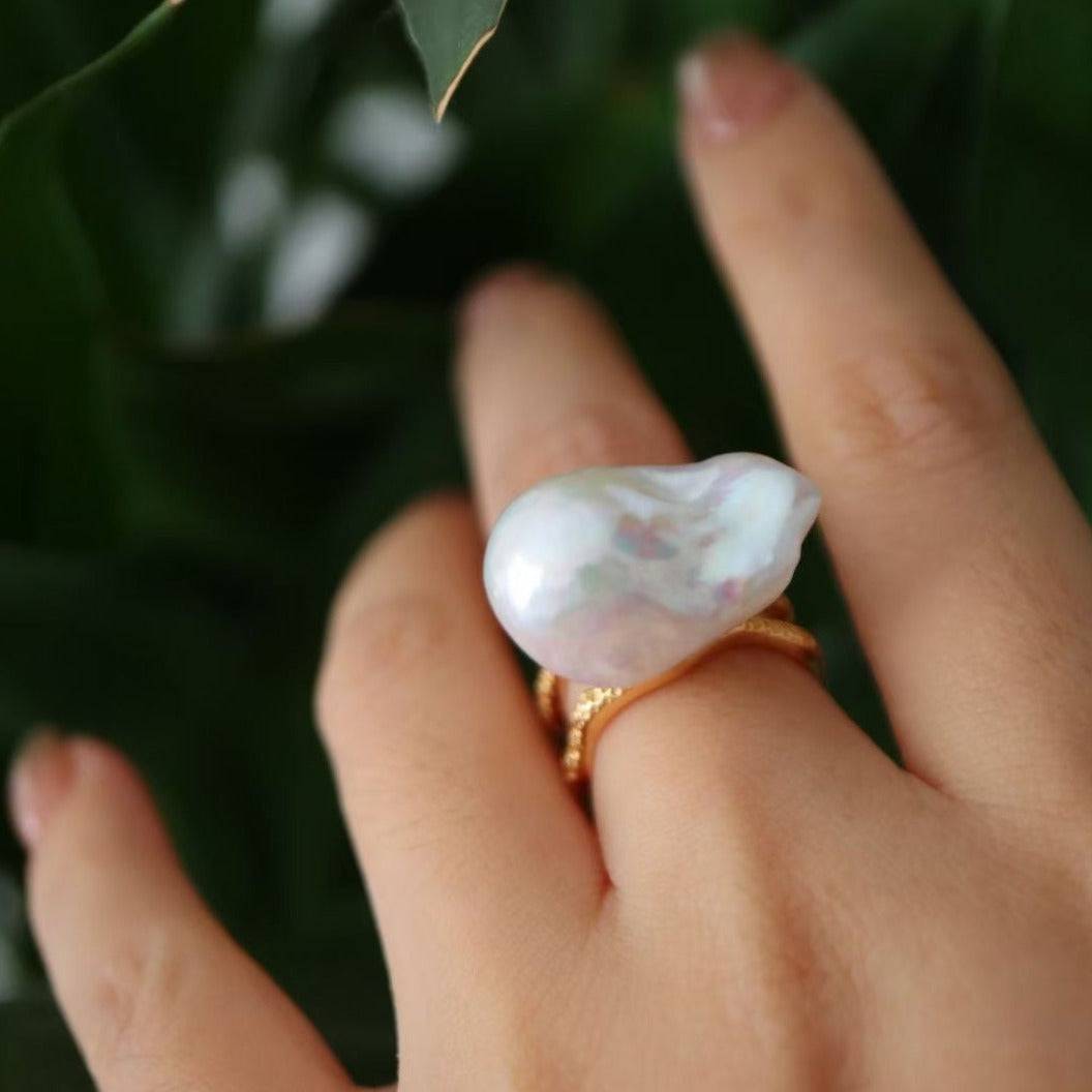 Bold Large Real Natural Pearl Ring Gold Vermeil